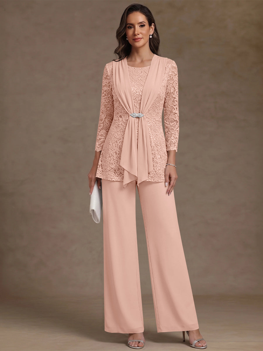 2 Pieces Scoop Chiffon Mother of the Bride Pantsuits Lace Floral 3/4 Sleeves Ankle-Length