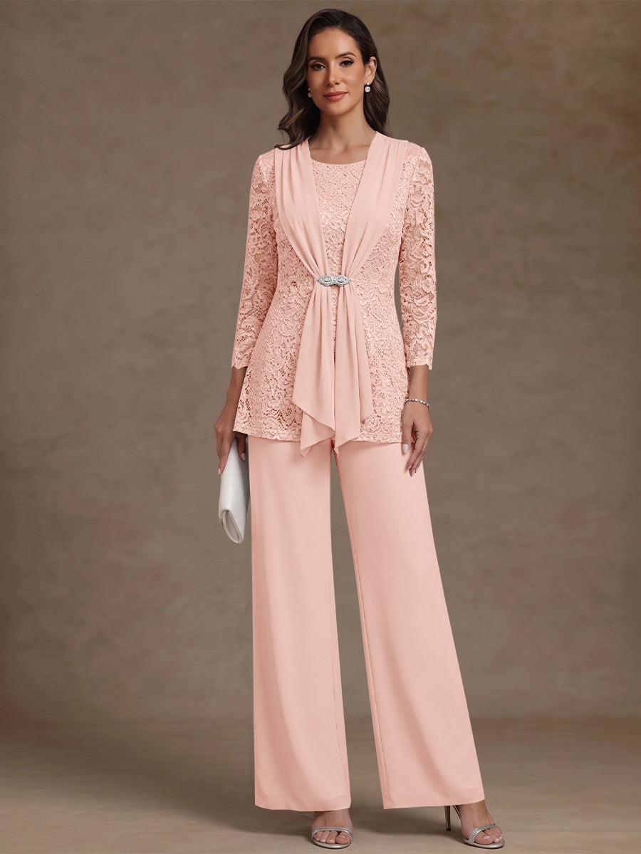2 Pieces Scoop Chiffon Mother of the Bride Pantsuits Lace Floral 3/4 Sleeves Ankle-Length