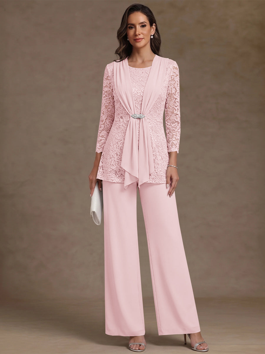 2 Pieces Scoop Chiffon Mother of the Bride Pantsuits Lace Floral 3/4 Sleeves Ankle-Length