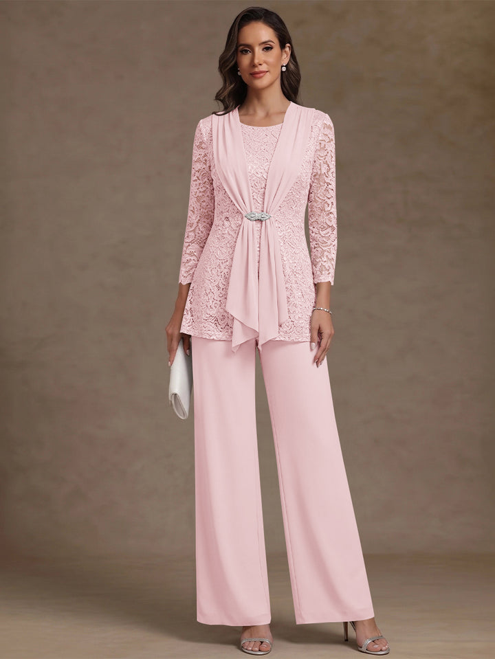 2 Pieces Scoop Chiffon Mother of the Bride Pantsuits Lace Floral 3/4 Sleeves Ankle-Length