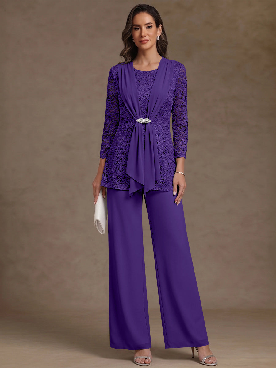2 Pieces Scoop Chiffon Mother of the Bride Pantsuits Lace Floral 3/4 Sleeves Ankle-Length