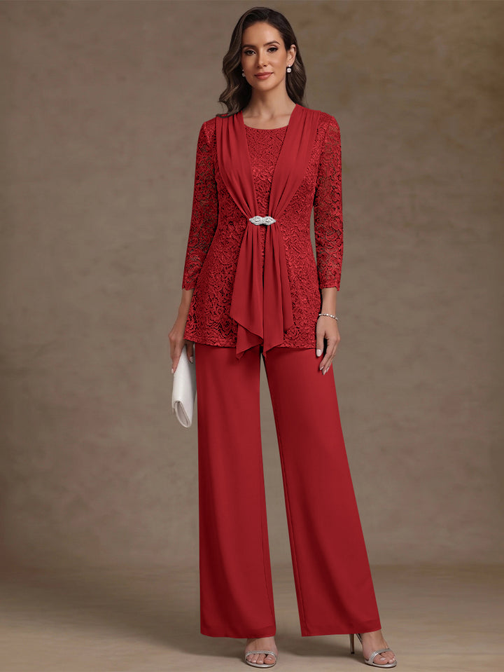2 Pieces Scoop Chiffon Mother of the Bride Pantsuits Lace Floral 3/4 Sleeves Ankle-Length