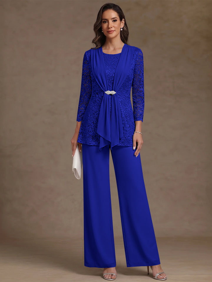2 Pieces Scoop Chiffon Mother of the Bride Pantsuits Lace Floral 3/4 Sleeves Ankle-Length