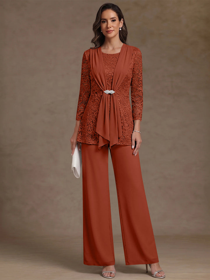 2 Pieces Scoop Chiffon Mother of the Bride Pantsuits Lace Floral 3/4 Sleeves Ankle-Length