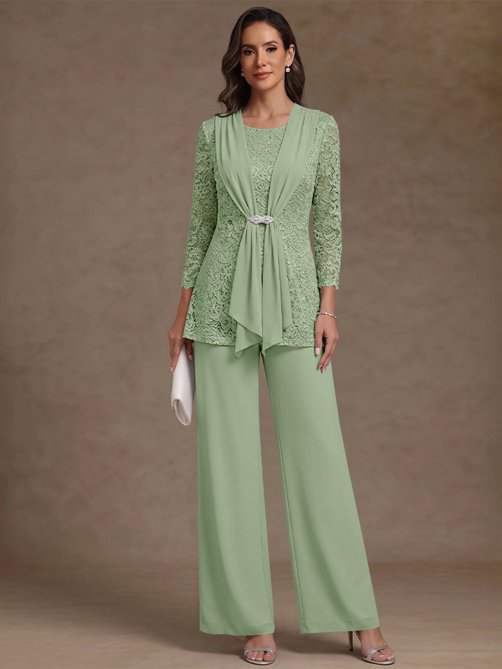 2 Pieces Scoop Chiffon Mother of the Bride Pantsuits Lace Floral 3/4 Sleeves Ankle-Length