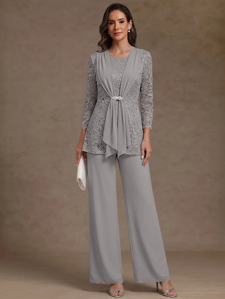 2 Pieces Scoop Chiffon Mother of the Bride Pantsuits Lace Floral 3/4 Sleeves Ankle-Length