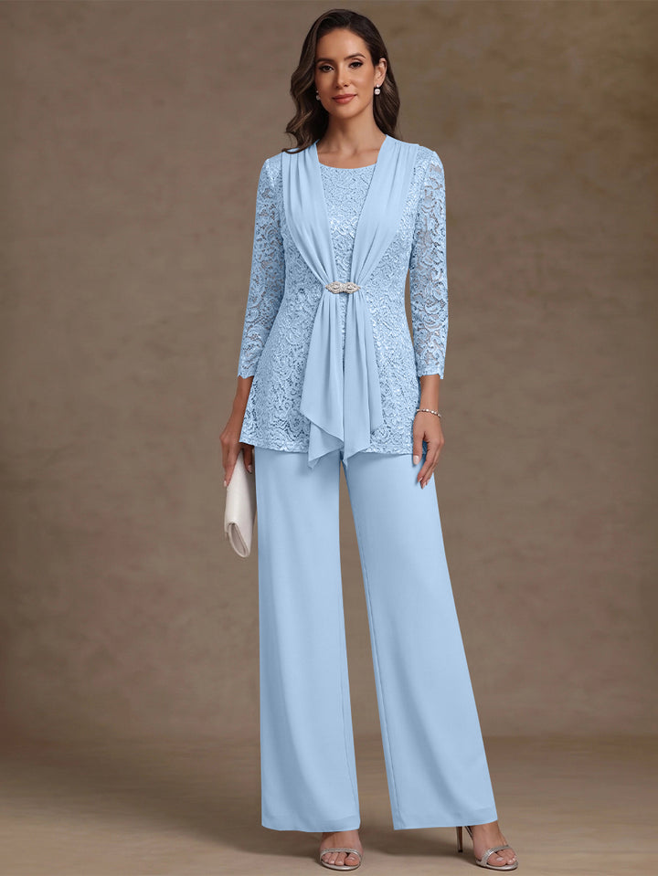 2 Pieces Scoop Chiffon Mother of the Bride Pantsuits Lace Floral 3/4 Sleeves Ankle-Length