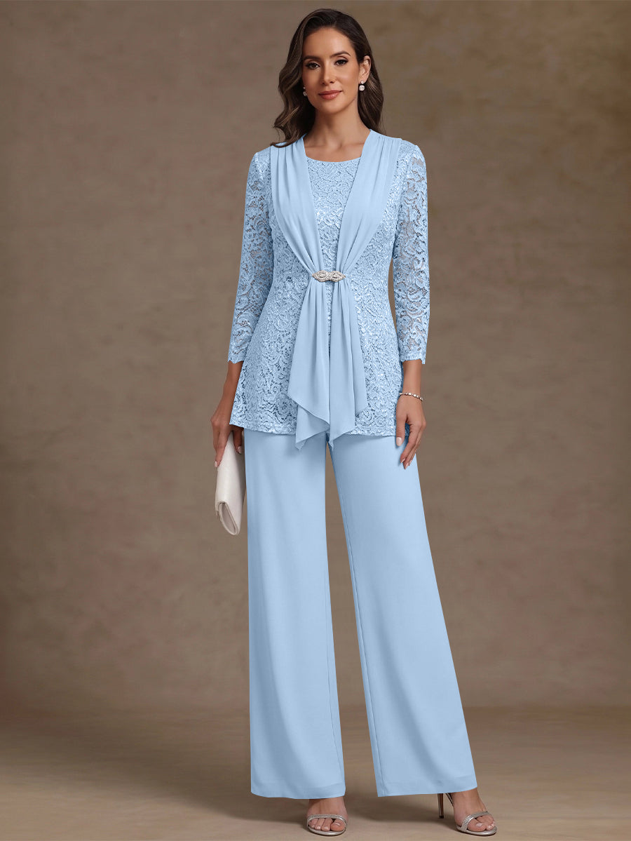 2 Pieces Scoop Chiffon Mother of the Bride Pantsuits Lace Floral 3/4 Sleeves Ankle-Length