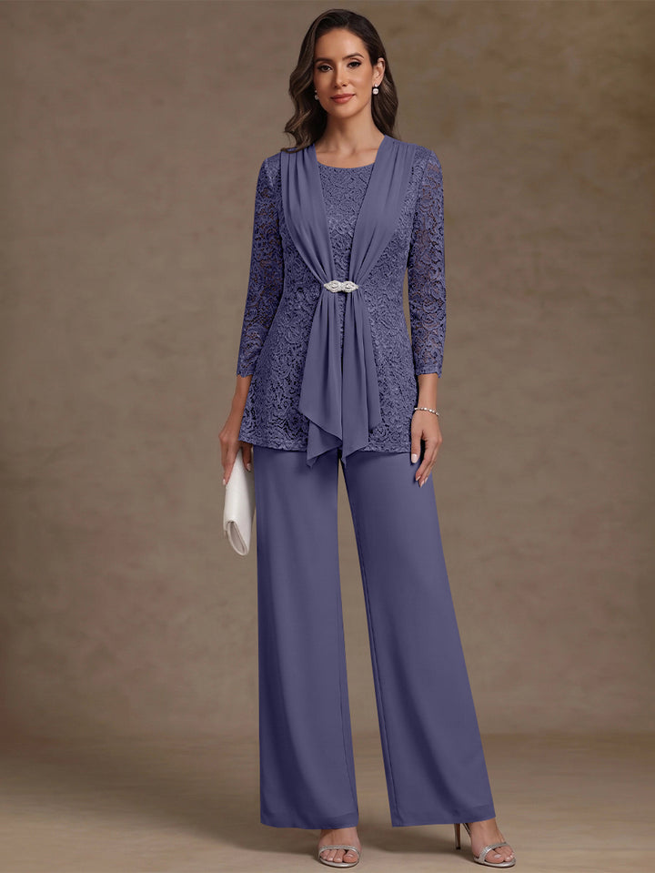 2 Pieces Scoop Chiffon Mother of the Bride Pantsuits Lace Floral 3/4 Sleeves Ankle-Length