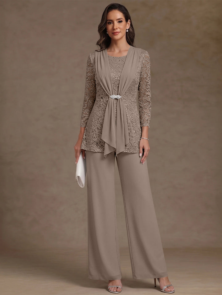 2 Pieces Scoop Chiffon Mother of the Bride Pantsuits Lace Floral 3/4 Sleeves Ankle-Length