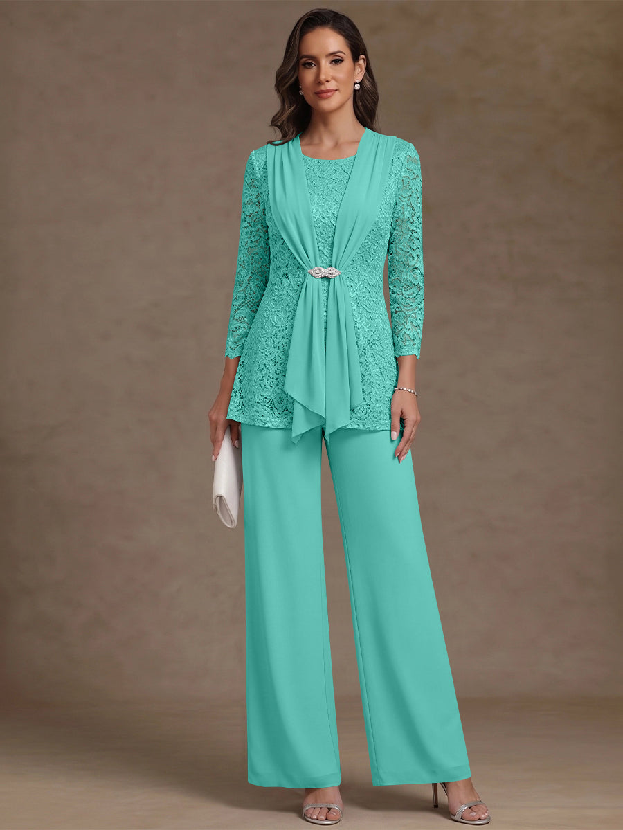 2 Pieces Scoop Chiffon Mother of the Bride Pantsuits Lace Floral 3/4 Sleeves Ankle-Length