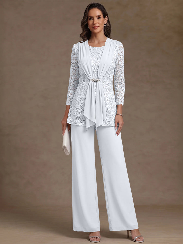 2 Pieces Scoop Chiffon Mother of the Bride Pantsuits Lace Floral 3/4 Sleeves Ankle-Length