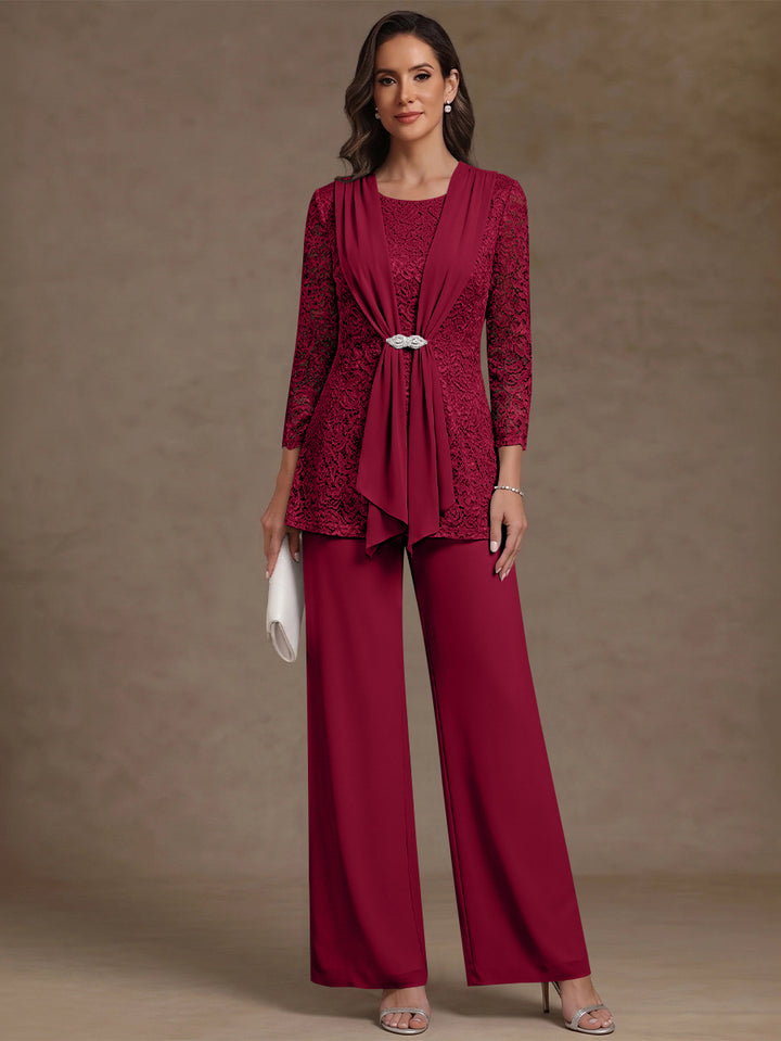 2 Pieces Scoop Chiffon Mother of the Bride Pantsuits Lace Floral 3/4 Sleeves Ankle-Length