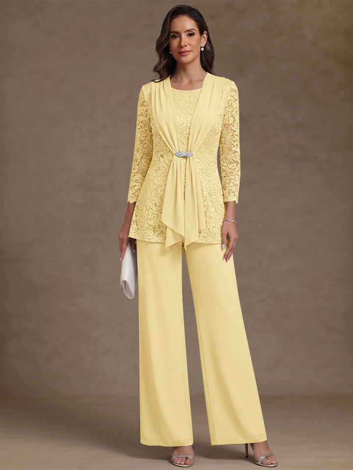 2 Pieces Scoop Chiffon Mother of the Bride Pantsuits Lace Floral 3/4 Sleeves Ankle-Length
