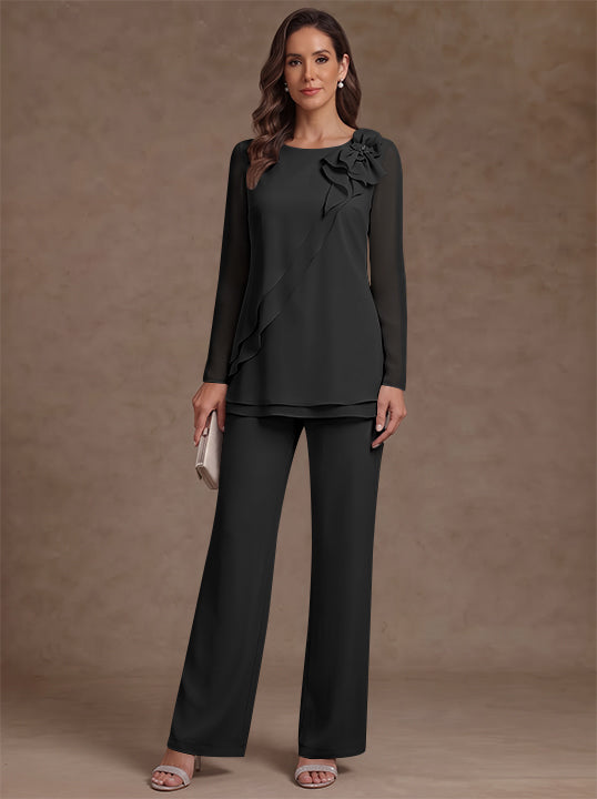 2 Pieces Scoop Chiffon Mother of the Bride Pantsuits Floral Long Sleeves Ankle-Length Ruffles