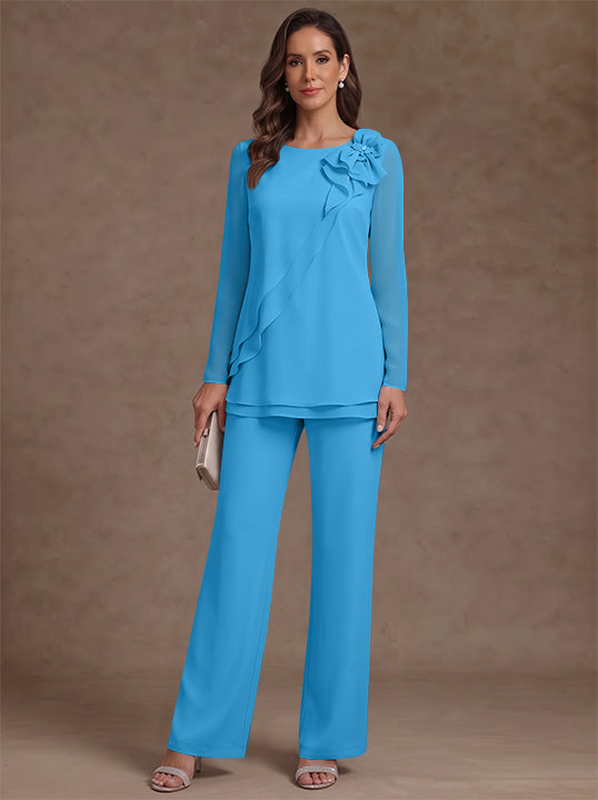 2 Pieces Scoop Chiffon Mother of the Bride Pantsuits Floral Long Sleeves Ankle-Length Ruffles