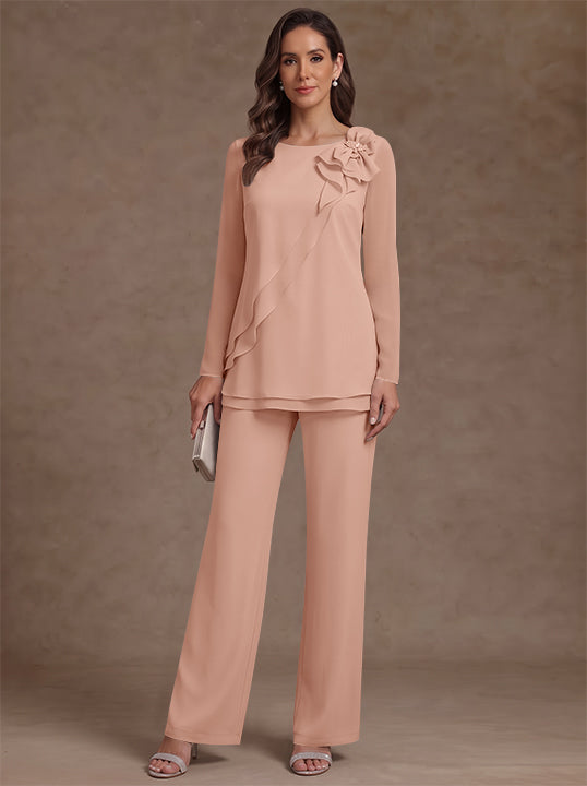 2 Pieces Scoop Chiffon Mother of the Bride Pantsuits Floral Long Sleeves Ankle-Length Ruffles