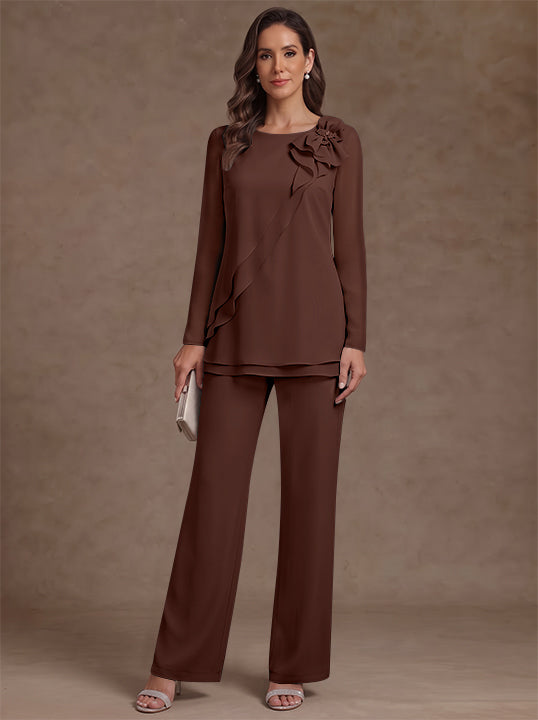 2 Pieces Scoop Chiffon Mother of the Bride Pantsuits Floral Long Sleeves Ankle-Length Ruffles