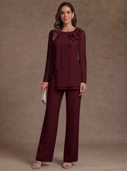 2 Pieces Scoop Chiffon Mother of the Bride Pantsuits Floral Long Sleeves Ankle-Length Ruffles