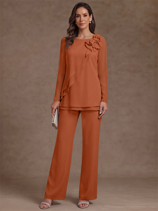 2 Pieces Scoop Chiffon Mother of the Bride Pantsuits Floral Long Sleeves Ankle-Length Ruffles
