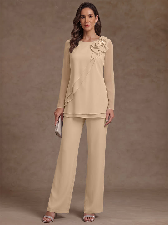 2 Pieces Scoop Chiffon Mother of the Bride Pantsuits Floral Long Sleeves Ankle-Length Ruffles