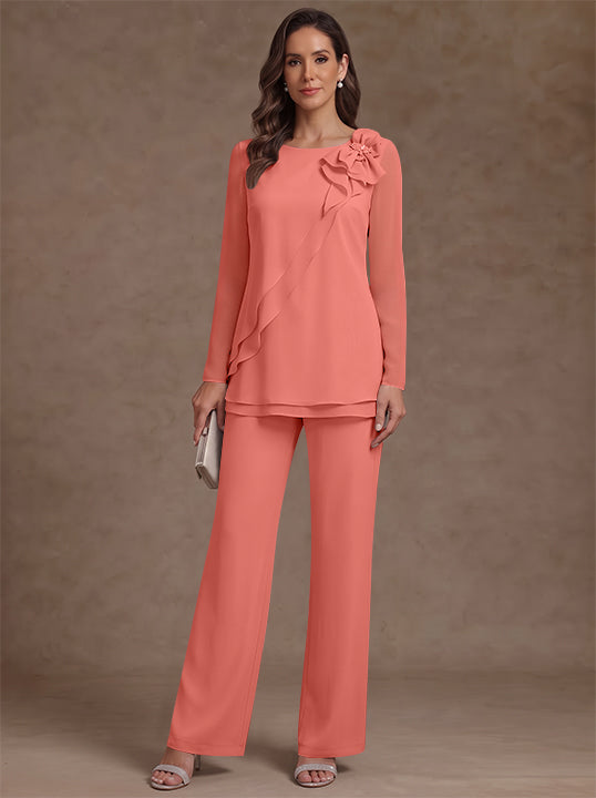 2 Pieces Scoop Chiffon Mother of the Bride Pantsuits Floral Long Sleeves Ankle-Length Ruffles