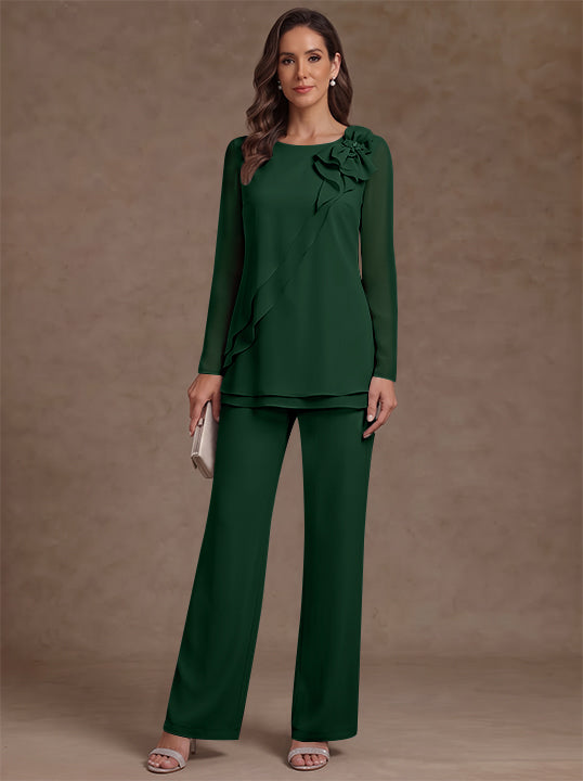 2 Pieces Scoop Chiffon Mother of the Bride Pantsuits Floral Long Sleeves Ankle-Length Ruffles