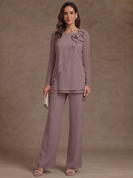 2 Pieces Scoop Chiffon Mother of the Bride Pantsuits Floral Long Sleeves Ankle-Length Ruffles