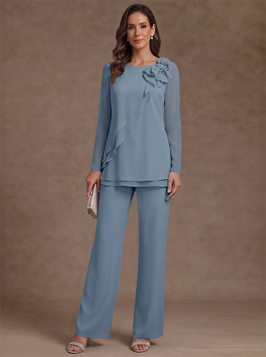 2 Pieces Scoop Chiffon Mother of the Bride Pantsuits Floral Long Sleeves Ankle-Length Ruffles