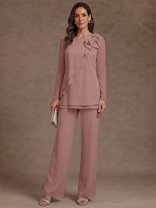 2 Pieces Scoop Chiffon Mother of the Bride Pantsuits Floral Long Sleeves Ankle-Length Ruffles