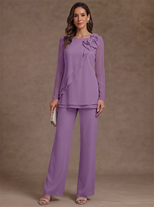 2 Pieces Scoop Chiffon Mother of the Bride Pantsuits Floral Long Sleeves Ankle-Length Ruffles