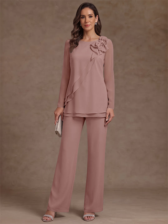 2 Pieces Scoop Chiffon Mother of the Bride Pantsuits Floral Long Sleeves Ankle-Length Ruffles