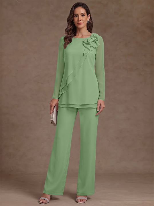 2 Pieces Scoop Chiffon Mother of the Bride Pantsuits Floral Long Sleeves Ankle-Length Ruffles