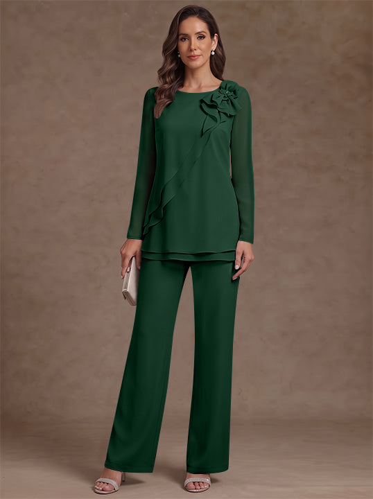 2 Pieces Scoop Chiffon Mother of the Bride Pantsuits Floral Long Sleeves Ankle-Length Ruffles