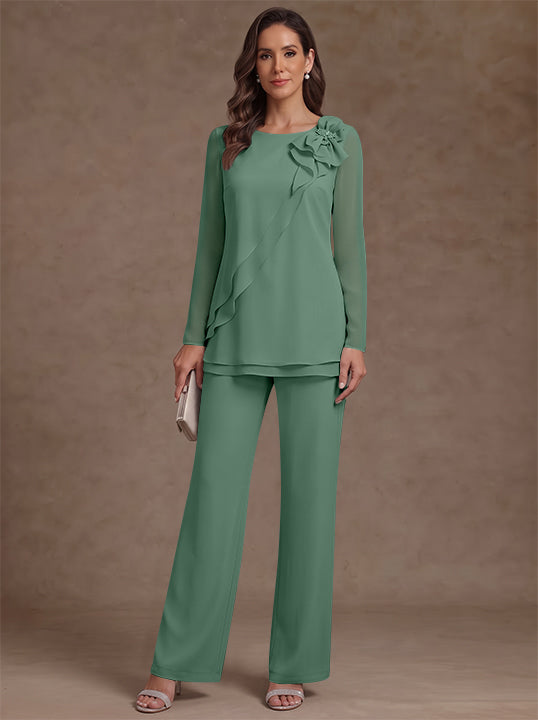 2 Pieces Scoop Chiffon Mother of the Bride Pantsuits Floral Long Sleeves Ankle-Length Ruffles