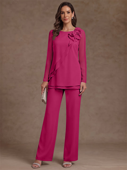 2 Pieces Scoop Chiffon Mother of the Bride Pantsuits Floral Long Sleeves Ankle-Length Ruffles