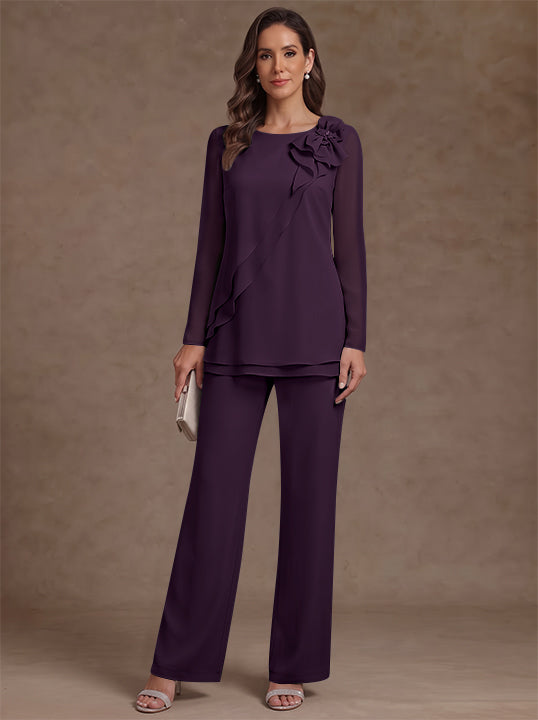 2 Pieces Scoop Chiffon Mother of the Bride Pantsuits Floral Long Sleeves Ankle-Length Ruffles