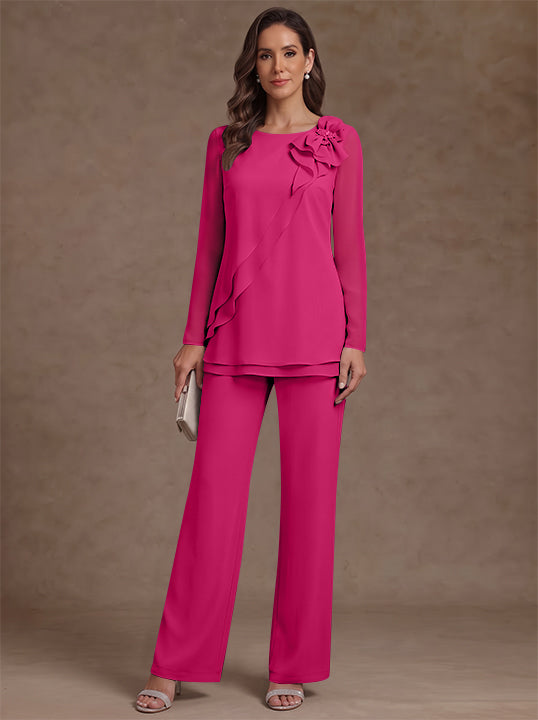 2 Pieces Scoop Chiffon Mother of the Bride Pantsuits Floral Long Sleeves Ankle-Length Ruffles