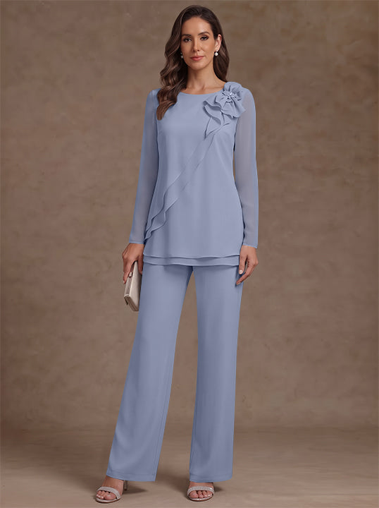 2 Pieces Scoop Chiffon Mother of the Bride Pantsuits Floral Long Sleeves Ankle-Length Ruffles