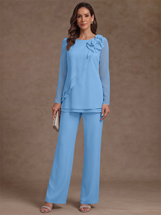 2 Pieces Scoop Chiffon Mother of the Bride Pantsuits Floral Long Sleeves Ankle-Length Ruffles