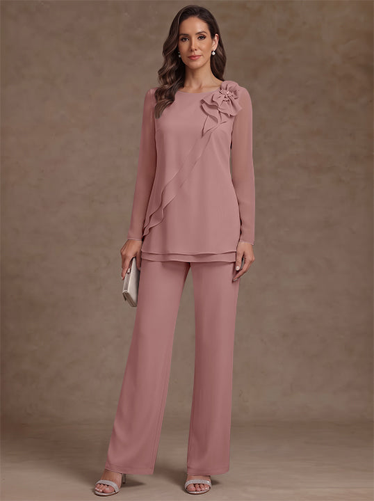2 Pieces Scoop Chiffon Mother of the Bride Pantsuits Floral Long Sleeves Ankle-Length Ruffles