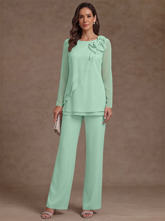 2 Pieces Scoop Chiffon Mother of the Bride Pantsuits Floral Long Sleeves Ankle-Length Ruffles