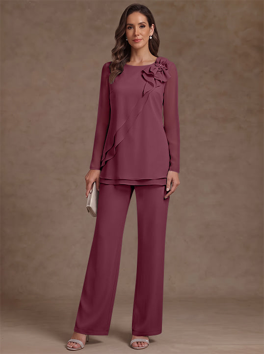 2 Pieces Scoop Chiffon Mother of the Bride Pantsuits Floral Long Sleeves Ankle-Length Ruffles