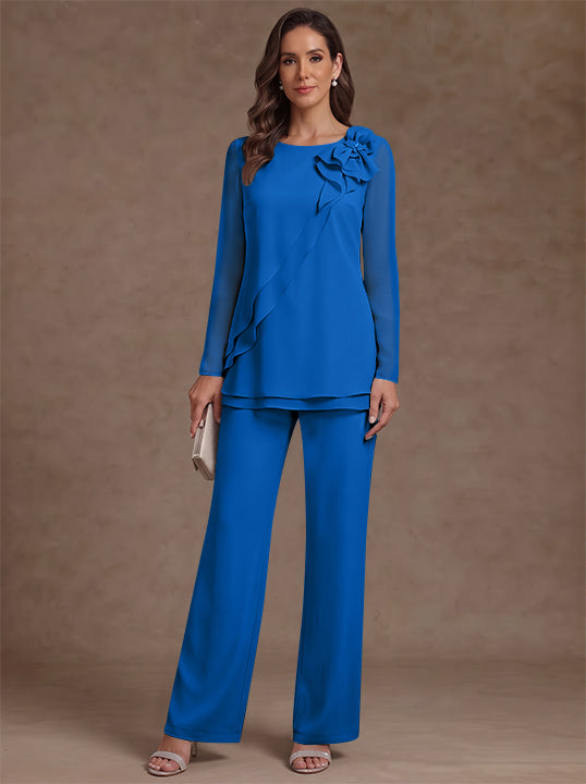 2 Pieces Scoop Chiffon Mother of the Bride Pantsuits Floral Long Sleeves Ankle-Length Ruffles