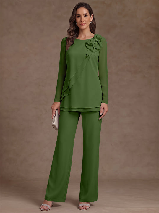 2 Pieces Scoop Chiffon Mother of the Bride Pantsuits Floral Long Sleeves Ankle-Length Ruffles