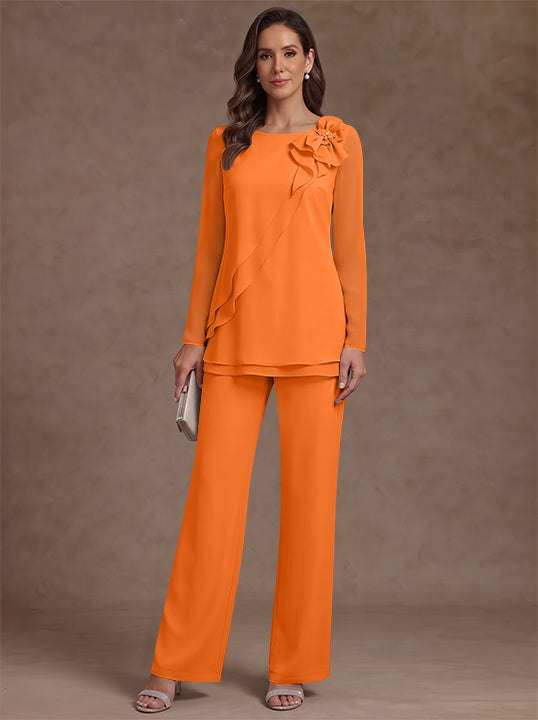 2 Pieces Scoop Chiffon Mother of the Bride Pantsuits Floral Long Sleeves Ankle-Length Ruffles