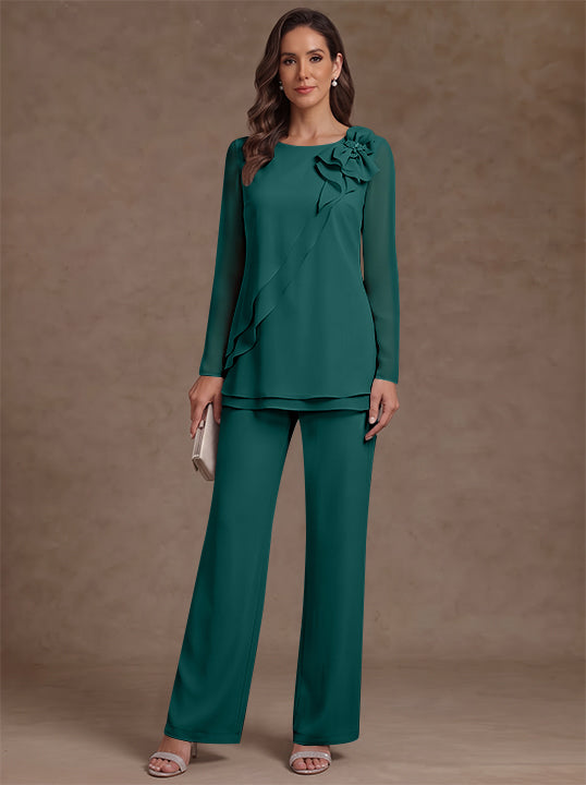 2 Pieces Scoop Chiffon Mother of the Bride Pantsuits Floral Long Sleeves Ankle-Length Ruffles