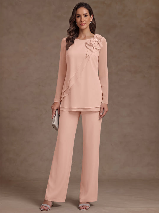 2 Pieces Scoop Chiffon Mother of the Bride Pantsuits Floral Long Sleeves Ankle-Length Ruffles