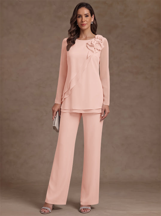 2 Pieces Scoop Chiffon Mother of the Bride Pantsuits Floral Long Sleeves Ankle-Length Ruffles