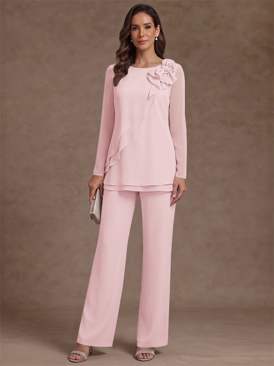 2 Pieces Scoop Chiffon Mother of the Bride Pantsuits Floral Long Sleeves Ankle-Length Ruffles